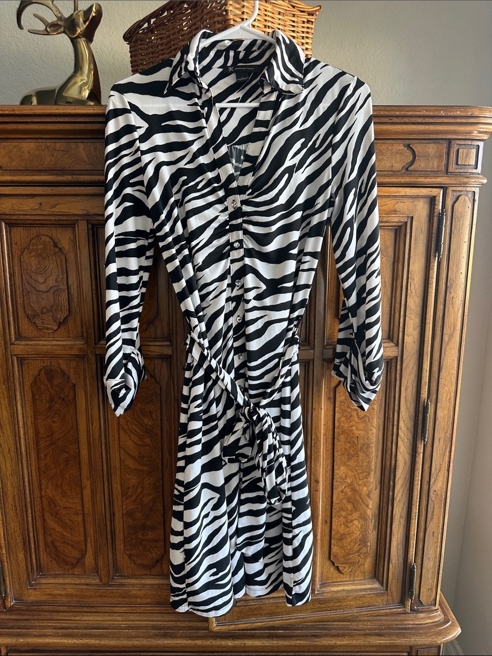 INC International Concepts Black & White Zebra-Print Long Sleeve Shirt Dress